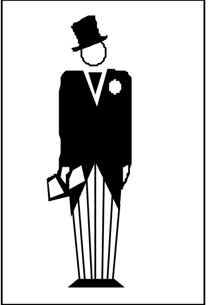The black and white silhouette of a man dressed as an English gentleman with top hat holding cane on left side in front of him.