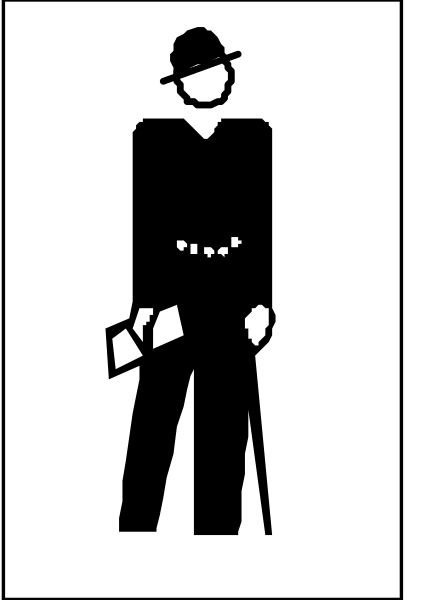 The black and white silhouette of a man standing next to another figure that appears to be holding an umbrella in one hand while wearing what looks like a top hat with tails on it; both figures have canes, suggesting formal attire from past eras or caricature style.