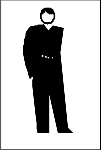The image shows a black silhouette of an adult male standing against a white background with his hands behind him; he is wearing dark pants that end above mid-calf length.
