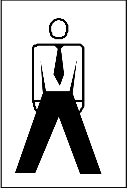 The image shows a black and white icon of an adult male figure standing next to a sign with a walking symbol on it in public restroom stall