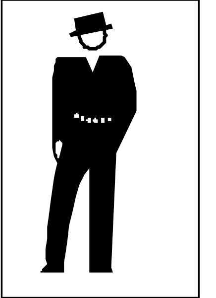 The black and white silhouette of a man standing upright with his hands at sides against an unadorned background.