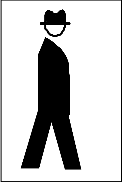 The black and white silhouette of a man walking on a sidewalk with his hands behind him.