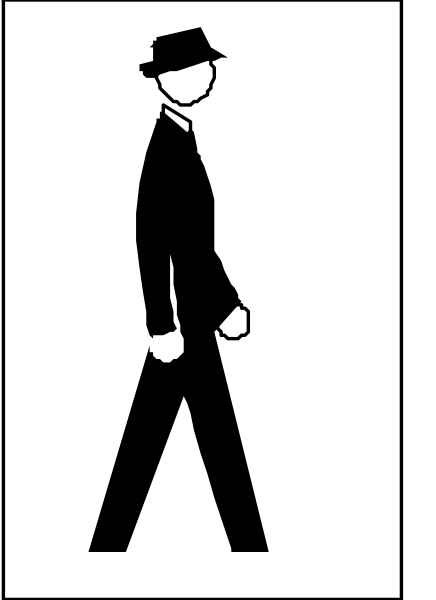The black and white silhouette of a man walking on sidewalk with hat and cane.