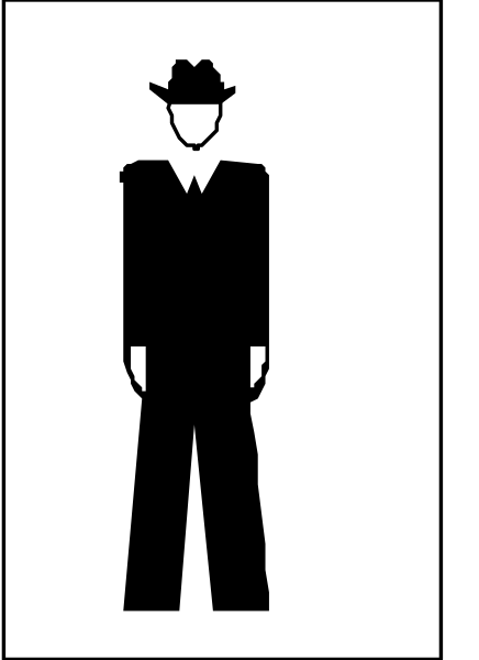 The black and white silhouette of a man standing next to another figure that appears to be wearing clothing resembling an old-fashioned uniform with pants rolled up at the bottom; both figures have hats on their heads, one is facing forward while the other has its back turned towards us.