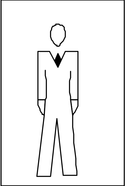 The image shows a black silhouette of an adult male figure standing next to what appears to be a door with windows on it in a vertical orientation within another larger square frame that has diagonal stripes across its center, suggesting motion blur effect; there is no text or additional context provided about the setting.