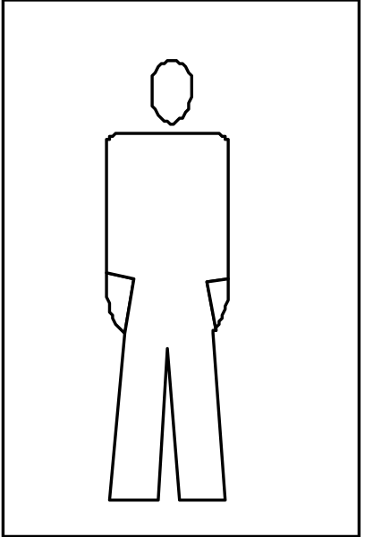 The image shows a black silhouette of an adult male figure standing next to what appears to be a door with a window in it on one side and another solid wall on the other.