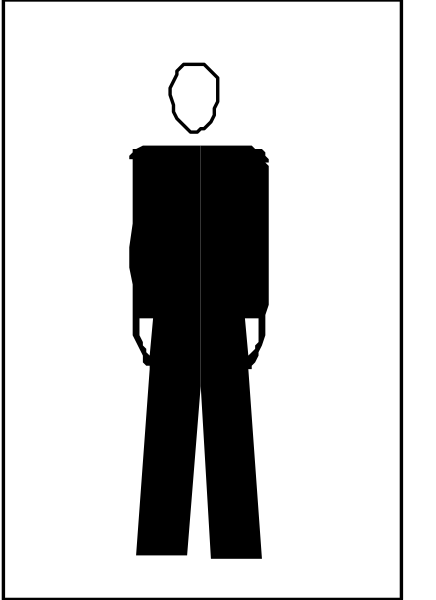 The image shows a black silhouette of an adult male figure standing against a white background with his arms at sides; he is wearing dark pants that end above the knee level where no shoes can be seen due to perspective, and there's nothing else in this small clip-art picture besides him.