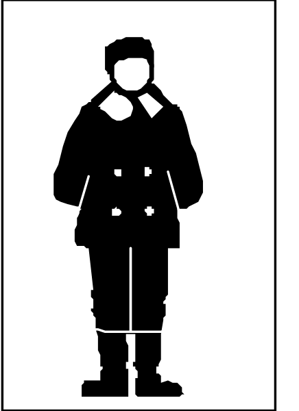 The black and white silhouette of a person standing next to another figure that appears to be wearing military clothing with boots on display in front of them.