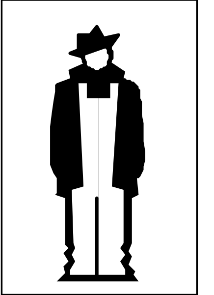 The black silhouette of a man standing next to another figure that appears to be wearing an overcoat with no head visible in front view; both figures have long legs and arms extended downwards at their sides, set against a white background within what looks like a square frame or border.