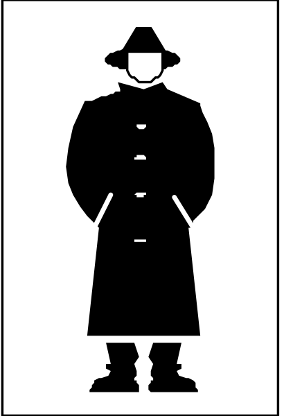 The black and white silhouette of a man standing upright with his arms at sides against an unadorned background.
