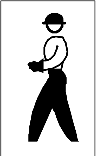 The black and white silhouette of a person walking with their hands behind them on what appears to be an escalator.