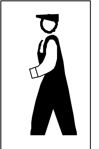The black and white silhouette of a person walking on a sidewalk with an arrow pointing to them from above.