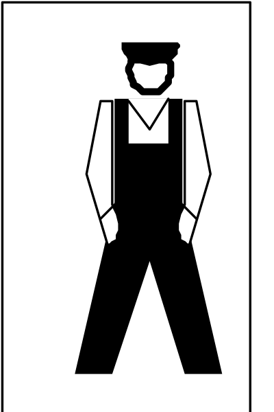 The image shows a black and white icon of an adult male figure wearing overalls with suspenders standing next to what appears to be a signpost indicating directions for men's restrooms in public facilities such as mall, airport etc., which is typically found on bathroom doors or walls near the entrance.