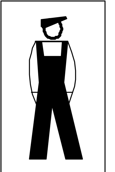 The black and white silhouette of a person standing with their hands on hips against an abstract background that resembles a brick wall.