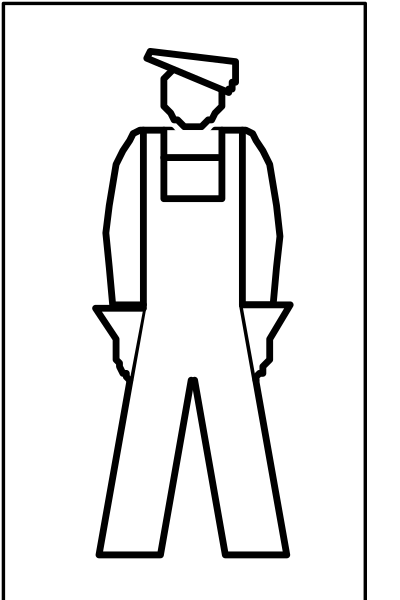 The image shows a black silhouette of an adult male construction worker standing on top of another figure that appears to be wearing overalls with tools in hand, suggesting some form of repair work is being depicted; there's no text present and it seems like this could represent maintenance or manual labor tasks.