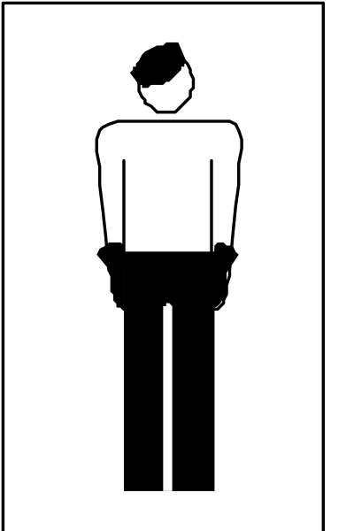 The image shows a black silhouette of an adult male figure standing against what appears to be a white background with his hands behind him in frontal view; there is no additional context provided about objects, people, animals, actions, and setting within this small clip-art style graphic.