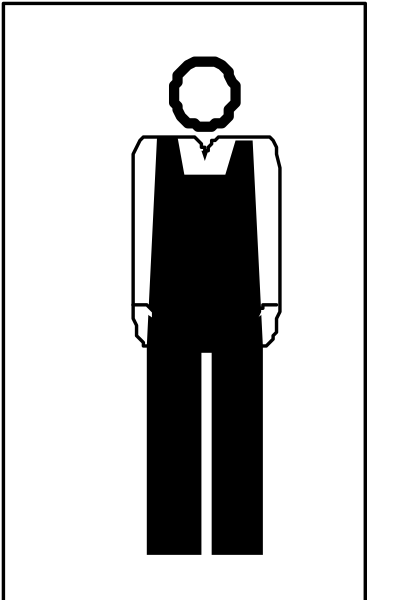 The image shows a black and white icon of two figures: an adult figure on the left wearing pants with no shirt visible, standing next to another smaller figure that appears to be a child in overalls also without any clothing above their waist.
