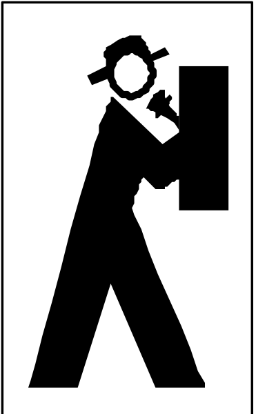 The black and white logo features a man with an exaggeratedly large head holding what appears to be a briefcase over his shoulder while walking on one leg in front of another figure that is also carrying something similar, suggesting movement between two locations; there's no text or additional details provided within the image.