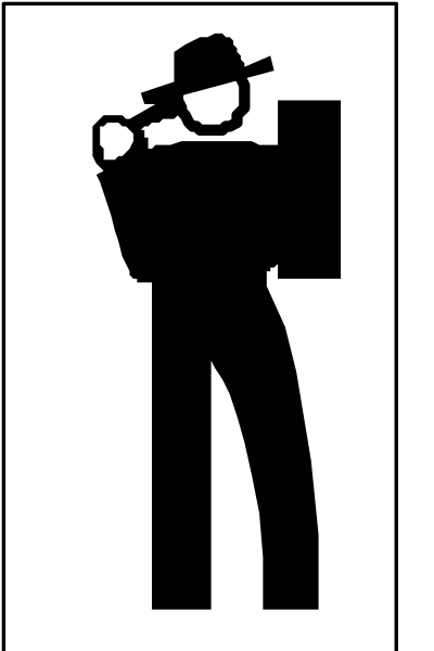 The black and white icon features a person standing upright with their back to us holding what appears to be an object resembling a camera in front of them; above this figure is another smaller image showing a similar character, also depicted from behind but facing leftward instead of forward as does the larger one.