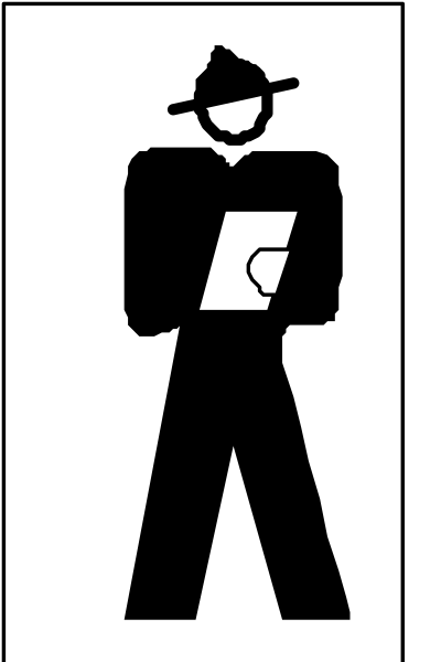 The black and white silhouette of a man holding an object that resembles a book while standing upright with his hands at sides.