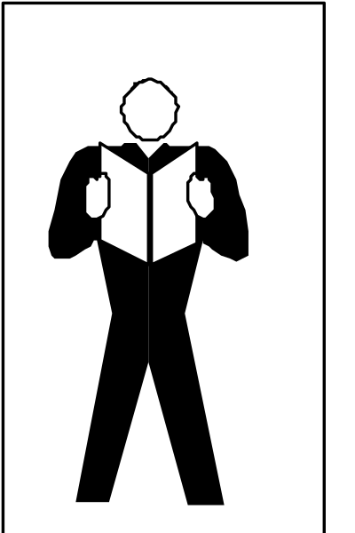The image shows a black silhouette of an adult male figure holding what appears to be a book with both hands open in front of him against his chest.