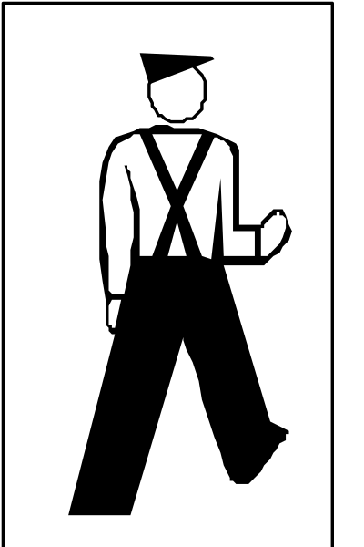The black and white silhouette of a person walking with their hands behind them on either side.