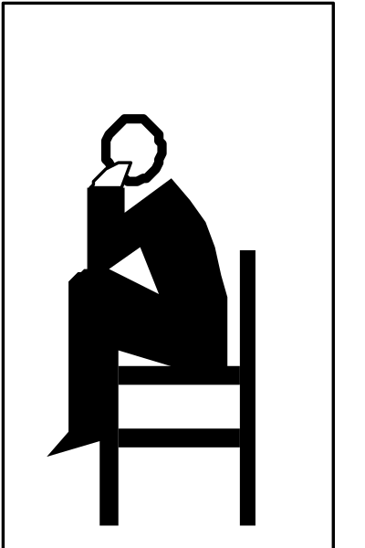The black and white silhouette of a person sitting on an office chair with their hand to chin as if deep in thought.