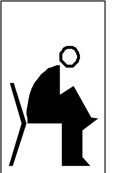 The black and white silhouette of a person sitting on an office chair with their legs crossed at the knees while holding what appears to be papers in both hands.