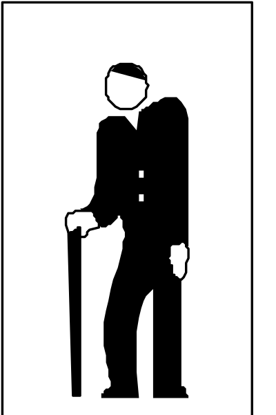 The black and white silhouette of a person standing with their back to us while holding what appears to be an umbrella in one hand and cane in another; no other objects, people, animals, actions, setting visible due to small size.