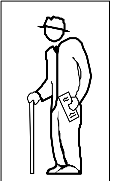 The black and white line drawing shows a man standing with his back to us; he is holding what appears to be an umbrella in one hand while resting it on another shoulder-like structure that could represent luggage, possibly indicating travel or transit. He has no visible facial features due to the monochrome style of illustration and lacks any distinctive clothing details beyond a tie around his neck which suggests formality for this character's attire.