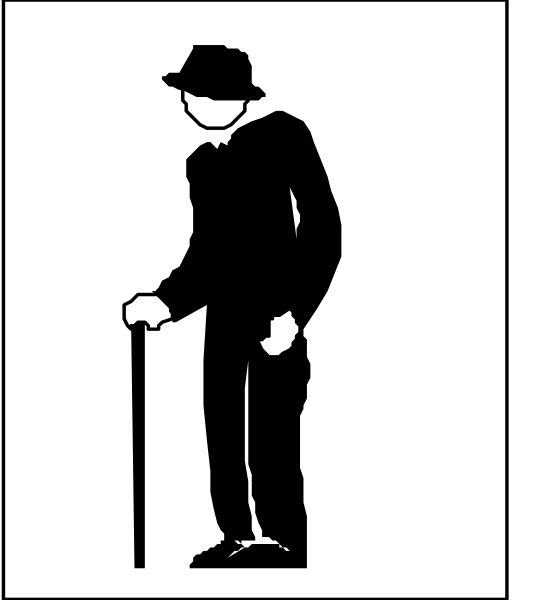 The black and white silhouette of a man standing with his cane next to him on what appears to be an outdoor surface like pavement.