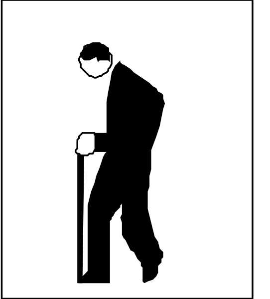 The image shows a black silhouette of an elderly man using a cane walking on what appears to be a sidewalk with his head turned towards something off-frame.