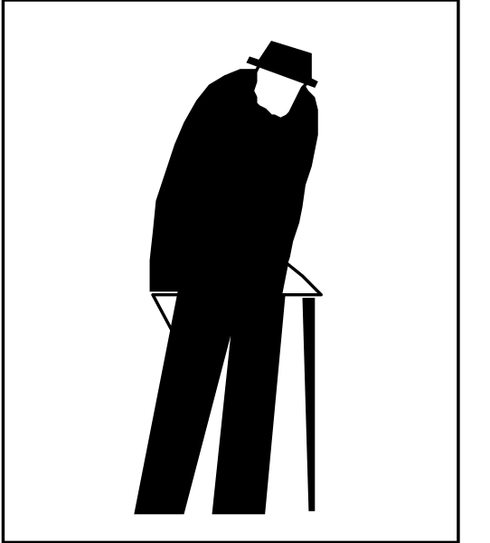 The black and white silhouette of a man standing next to another figure that appears to be an elderly person using walking sticks.