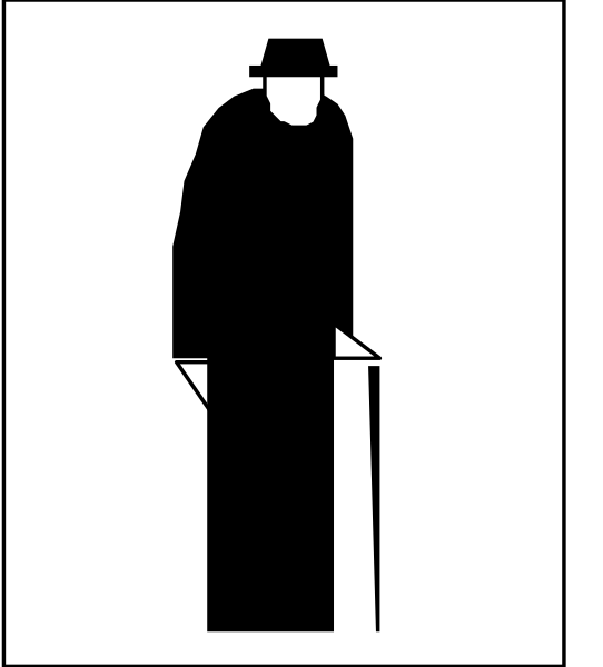 The image shows a black and white silhouette of an elderly man standing next to another figure that appears to be holding his arm out for support; both figures seem to have canes in their hands. They stand on what looks like a sidewalk, with one foot raised as if they are about to take a step forward or backward. The background is plain and does not provide any additional context beyond the silhouettes of these two individuals.