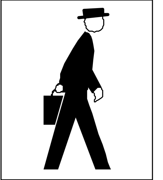 The black and white silhouette of a man walking with briefcase on left side carrying his right hand forward while looking to his left.