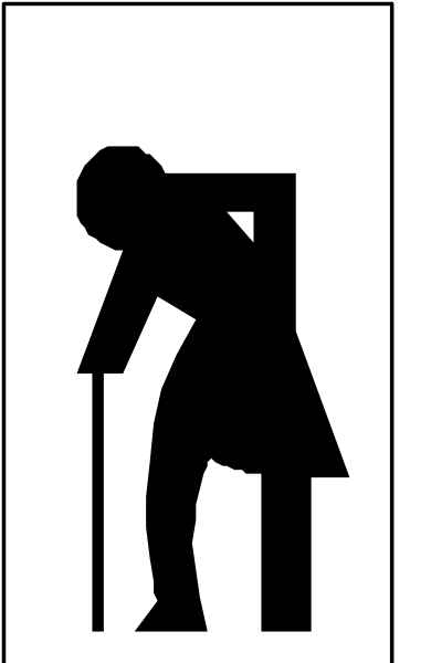 The black silhouette of a person standing on top of another figure's shoulders with an arrow pointing upwards to their head in what appears to be a signpost-like structure against a white background.