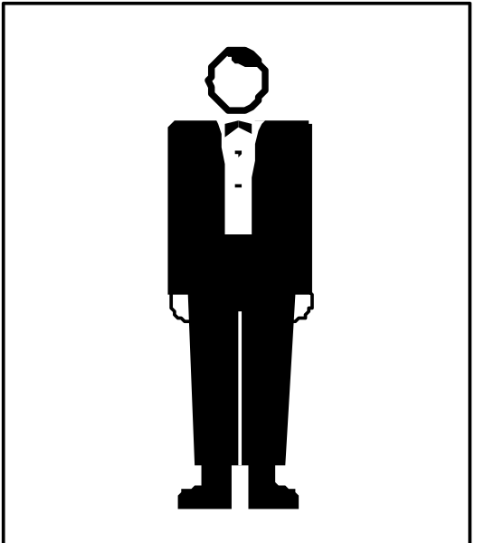 The image shows a black silhouette of an adult male figure wearing formal attire standing next to a sign with text that is too small for me to read clearly in this description.
