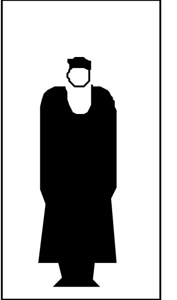 The image shows a black silhouette of an adult male figure standing against a white background with his back to us; he is wearing what appears to be traditional attire that could suggest Asian culture, possibly Chinese clothing given its design and collar shape.