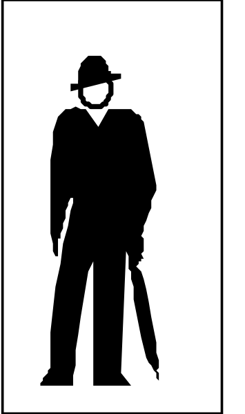 The black and white silhouette of a man standing with his hands on hips against an abstract background that resembles paper texture.