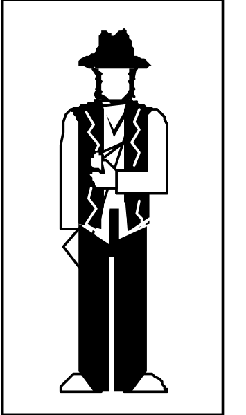 The black and white illustration shows a man standing with his hands on hips against an abstract background that resembles paper texture.