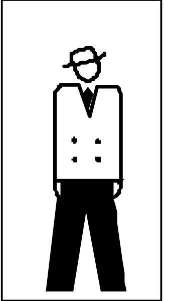 The image shows a black and white line drawing of an iconic man standing next to another figure that appears to be walking away from him; both figures have distinct clothing styles: one is wearing a suit with a tie, while the other has on casual attire including jeans and sneakers.