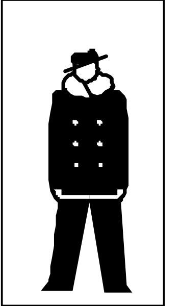 The black and white silhouette of a person standing next to an iconic building with their hands tucked into pockets.