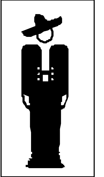 The black and white silhouette of a man standing next to an iconic cowboy hat symbol on what appears to be a signboard with text below it that is too small for me to read clearly in this image resolution.