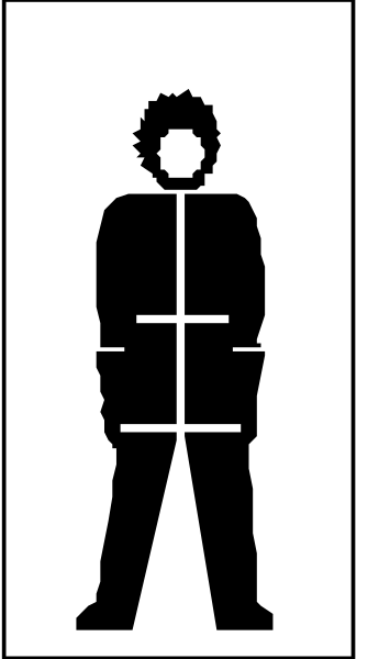 The image shows a black silhouette of an adult male figure standing next to what appears to be a scale on a gray background with white lines indicating measurements.