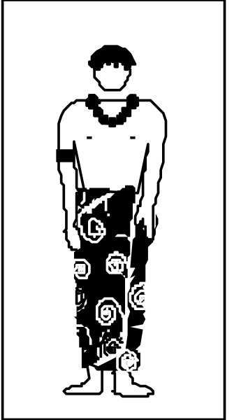 The image shows a black and white line drawing of an individual wearing traditional clothing with patterns on it standing against a plain background.