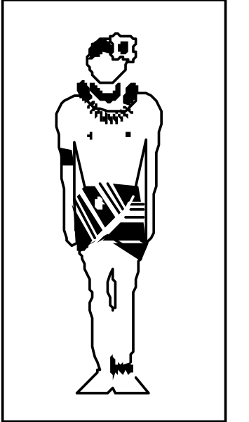 The image shows a black and white line drawing of an ancient Egyptian figure with headdress standing on what appears to be hieroglyphics in front of them.