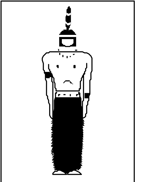 The image shows a black and white line drawing of an ancient Egyptian figure with headdress standing upright against a plain background.