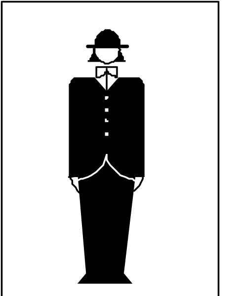 The black and white icon depicts a man standing upright with his hands at sides wearing a suit coat over a vest, tie around neck, pants, shoes, hat on head facing forward.