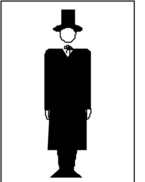 The black and white silhouette of a man wearing a suit with top hat standing next to another figure that appears to be an angelic being in robes on either side of what looks like a crosswalk sign, suggesting it's meant for pedestrian safety at night or during low visibility conditions.
