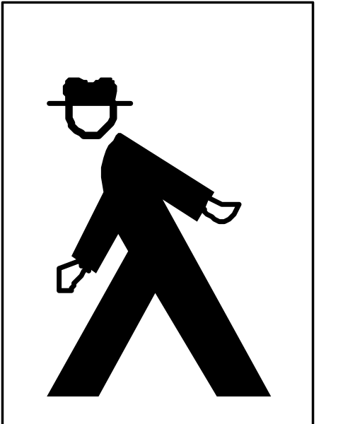 The image shows a black silhouette of a man walking on a sidewalk next to an arrow pointing right with text above it that reads "one way."